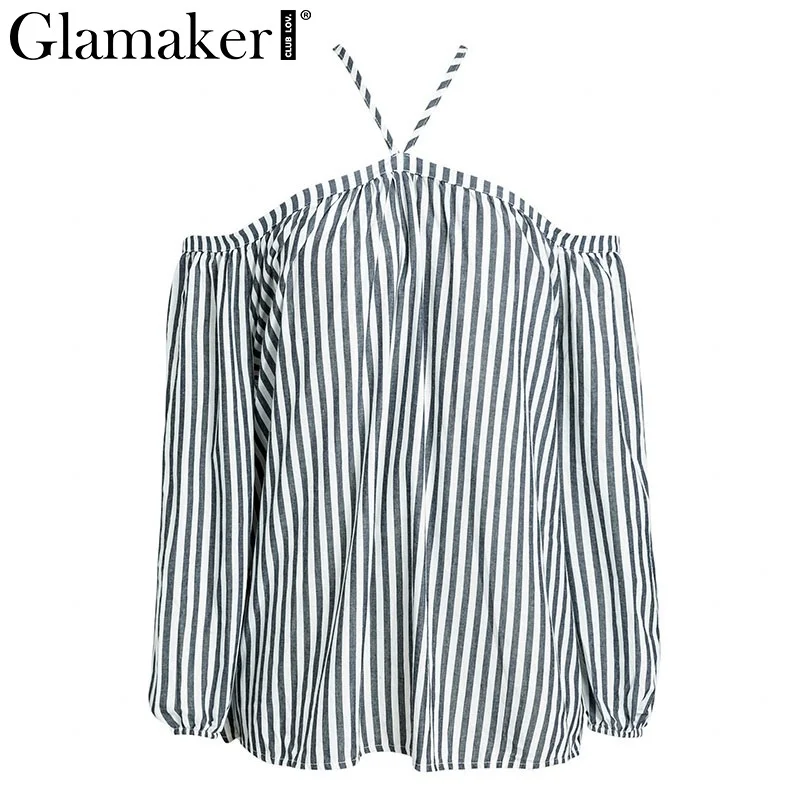 G18BL0012 Glamaker, сексуальная клетчатая блузка с открытыми плечами, рубашка, женская, в полоску, с открытой спиной, тонкая, элегантная, Пляжная блузка, рубашка, blusas, женские топы, летние - Цвет: G18BL0012