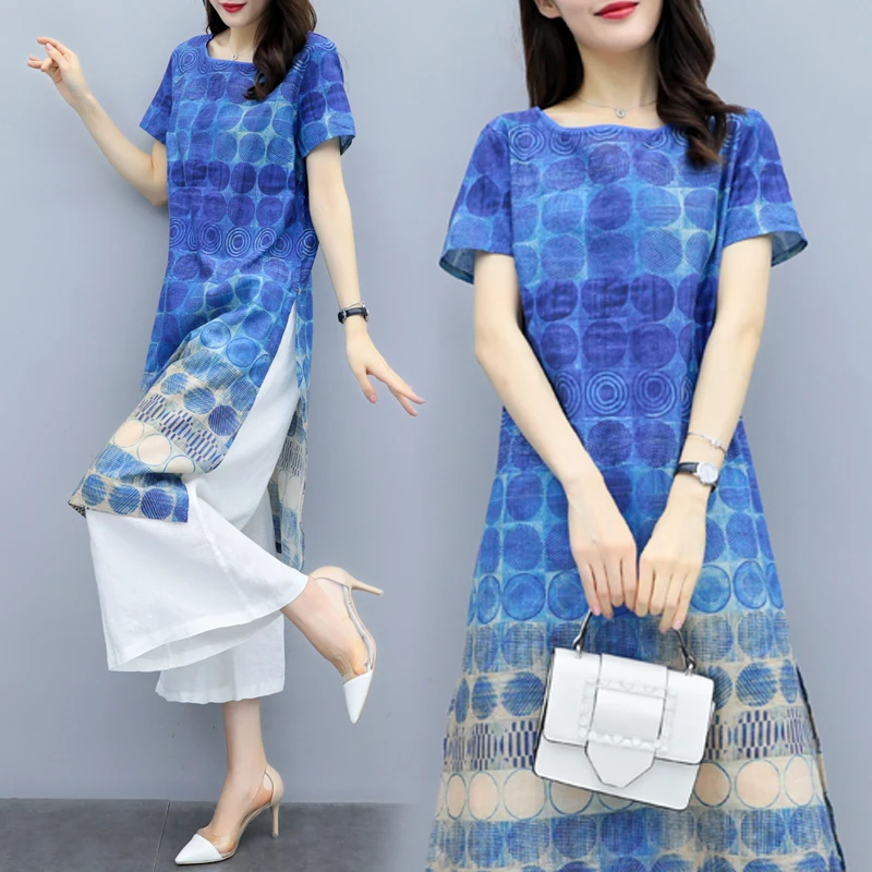 Женский шифоновый топ с цветочным принтом + хлопковые широкие брюки Модный