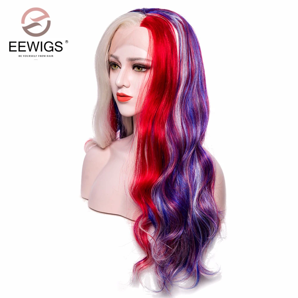 EEWIGS 2" Высокая температура волокна парик красный фиолетовый смешанный цвет длинные волны парик кружева передние синтетические парики для женщин часть