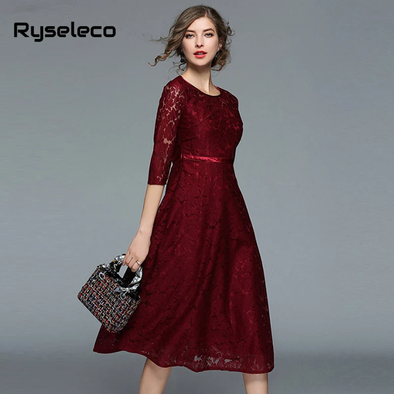 Ryseleco 2018 осеннее модное женское кружевное платье колокол с цветочным рисунком
