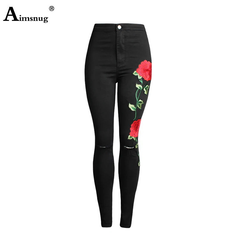 Вышивка 3D розовые черные джинсы женские брюки 2019 Осенние повседневные джинсовые