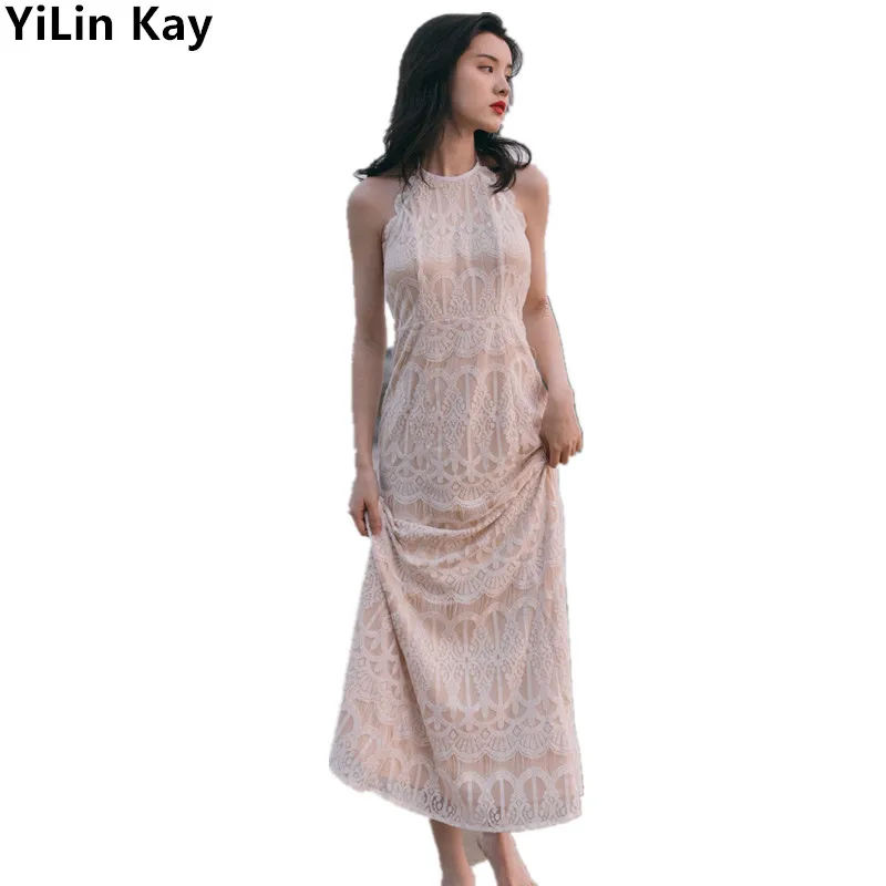 YiLin Kay 2019 Летнее белое кружевное Сексуальное Женское пляжное платье без рукавов с