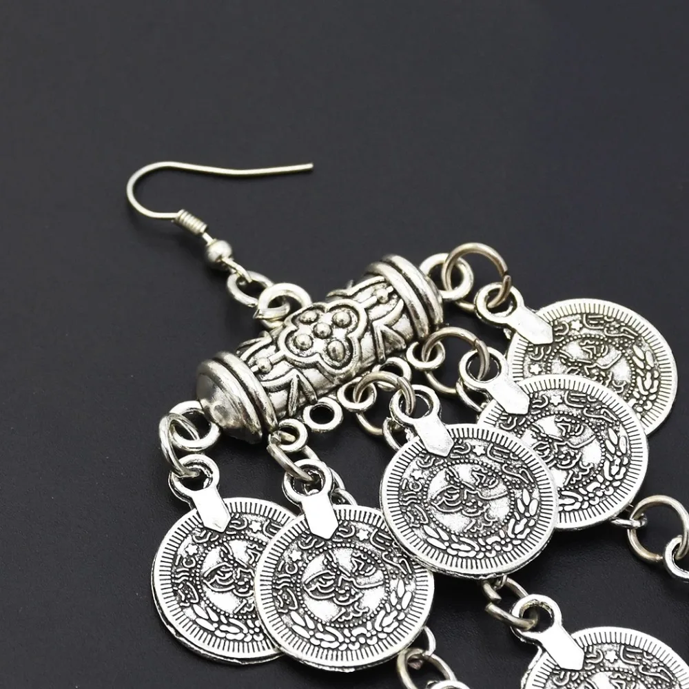 Турецкие jhumkas индийские серебряные монеты падение цыганский Бохо-Стиль Пляж этнический Племенной фестиваль червленые ювелирные изделия серьги с кисточками Женщины