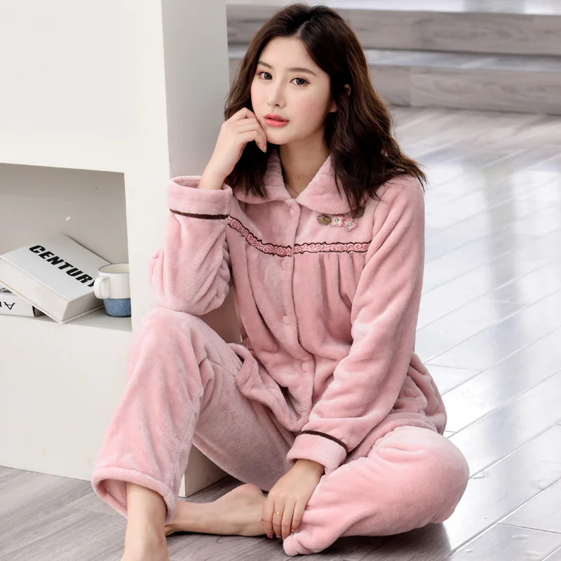 

Women's Pajamas Autumn Winter Plus Velvet Thick Flannel Sweet Top + Pants 2 Piece Sets Pants Nightwear Ladies Warm Home Clothes