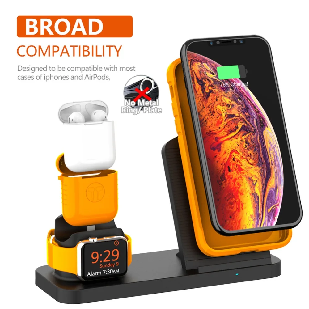 Обновленная Беспроводная зарядная подставка для iPhone X Xs MAX XR 8 plus AirPods док-станция для зарядки зарядное устройство для Apple Watch серии 4/3/2/1