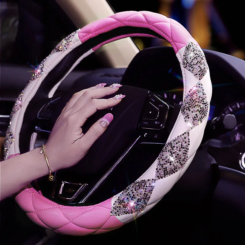 Pink purple Новые роскошные хрустальные Чехлы рулевого колеса автомобиля Универсальные алмазные автомобильные покрытые рулевое колесо Аксессуары для девочек - Название цвета: Pink purple