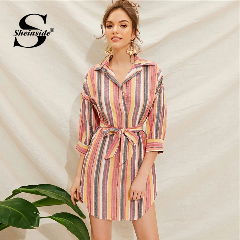 Sheinside Casual Colorful Stripe Print Shirt Dress Women Summer 3/4 Sleeve Straight Dresses Ladies Mini Dress