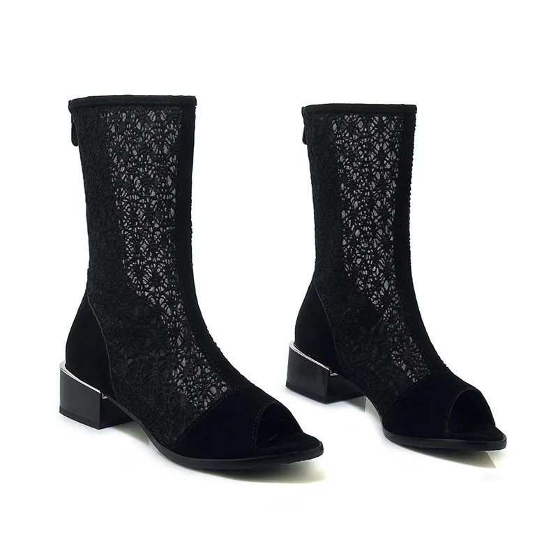 A-BUYBEA новые флоковые и сетки женские ботинки до середины икры на молнии открытый