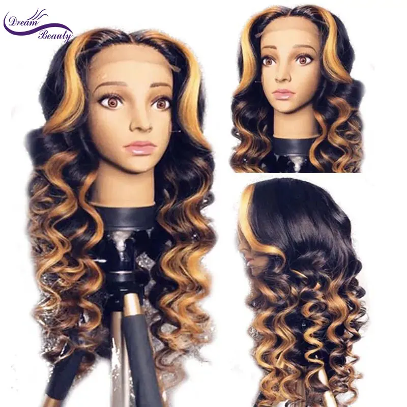 Омбре выделяет Цвет волнистые Remy бразильские 13x6 глубокие кружевные передние человеческие волосы парики предварительно сорванные натуральные парики из волос Dream beauty
