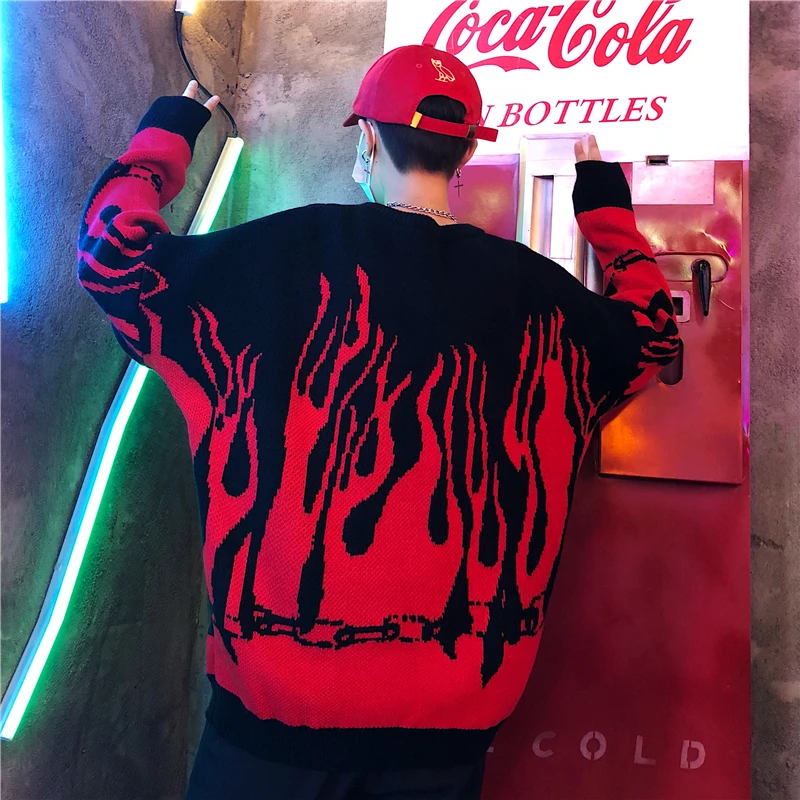 2019 Large size loose Autumn Winter Harajuku Flame Knitting Bat Sleeve Pullover Sweater Men Women Tide Outerwear aa897 | Женская одежда