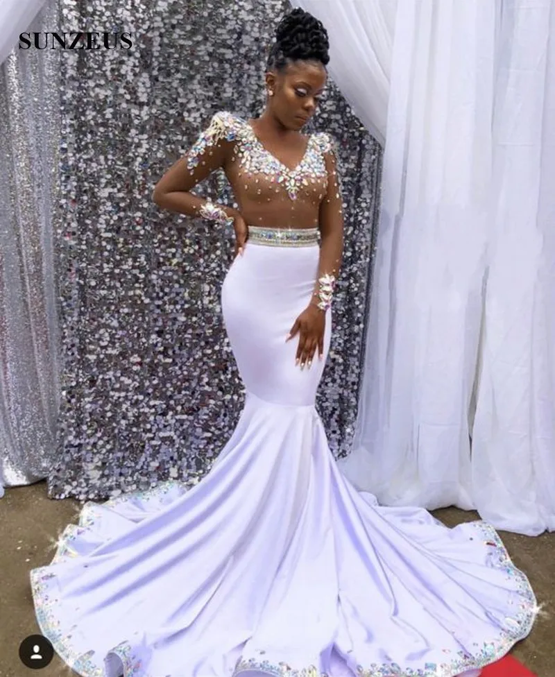 Colorful Rhinestones Beaded Prom Dresses With Full Sleeves V-neck Mermaid Long Women Formal Party Dress African White Gowns