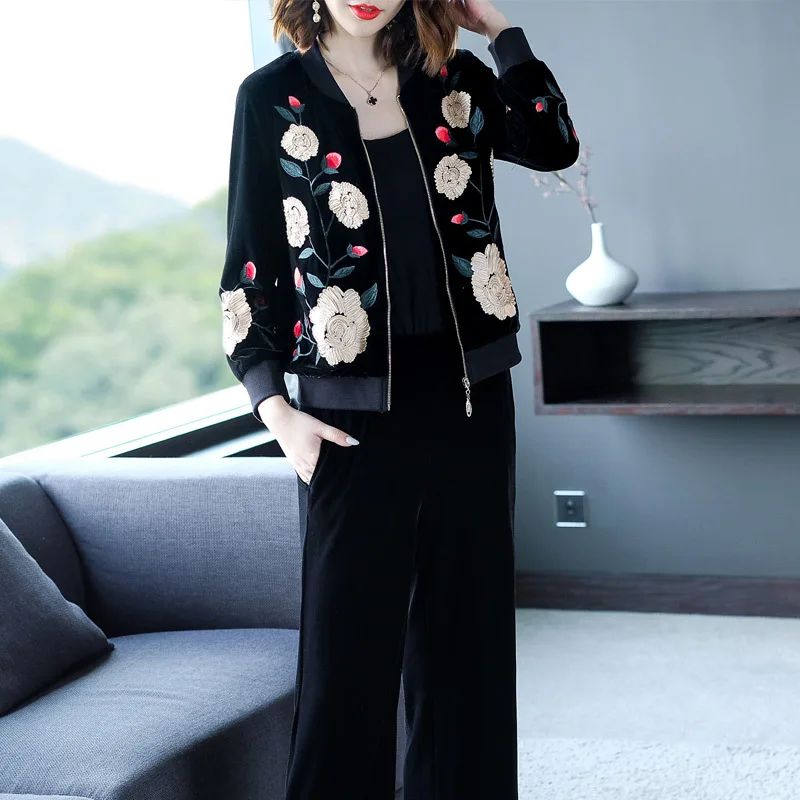 XXXXL!Top Quality New Fashion Tracksuits Women Floral Embroidery Long Sleeve Jacket Coat+Wide Leg Pants Set Casual Velvet Sets