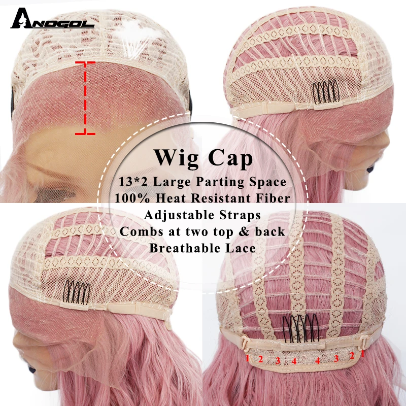 Anogol розовые синтетические кружевные передние парики из высокотемпературного