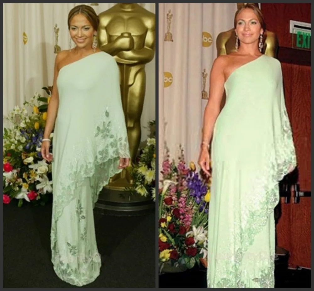 2016 Дубай Jennifer Lopez одно плечо платья знаменитостей Популярные светло зеленый