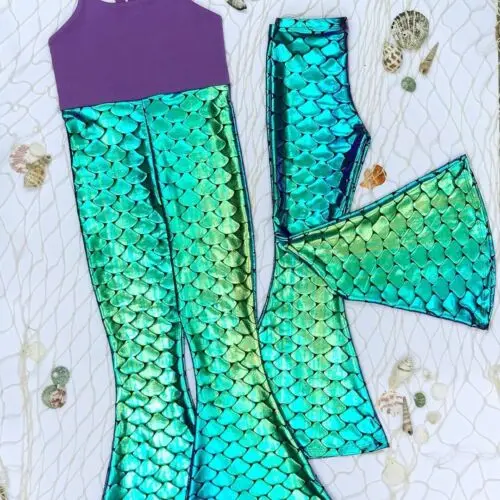 2019 Kid Girls Shiny Mermaid Pants Flare Bottom Leggings Metallic Fish Scale Fancy Clothing Party New | Детская одежда и обувь