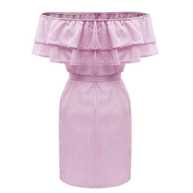 Платье женское пляжное с открытыми плечами в богемном стиле принтом полоску