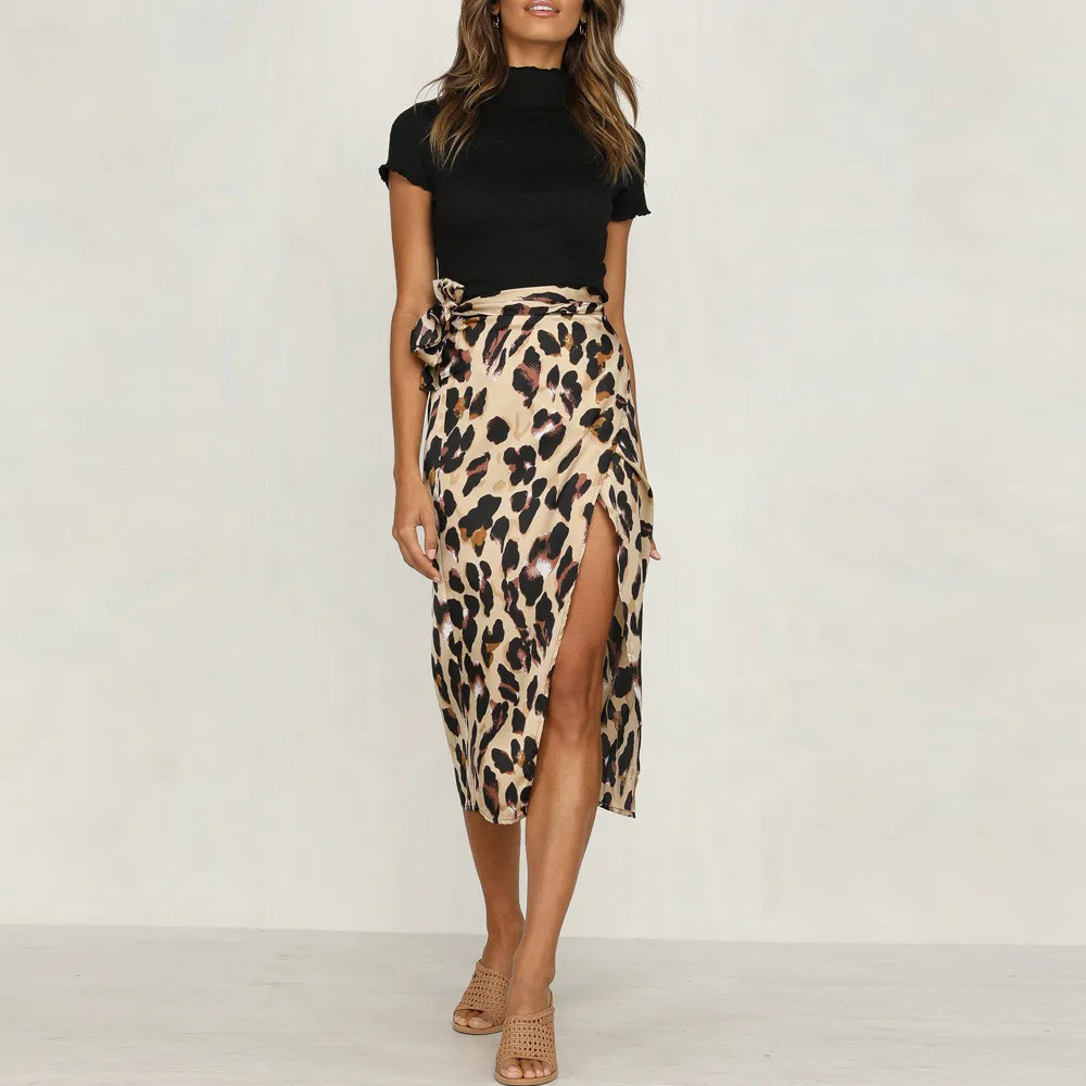 Женские юбки с леопардовым принтом длинные разрезом и высокой талией вечерние