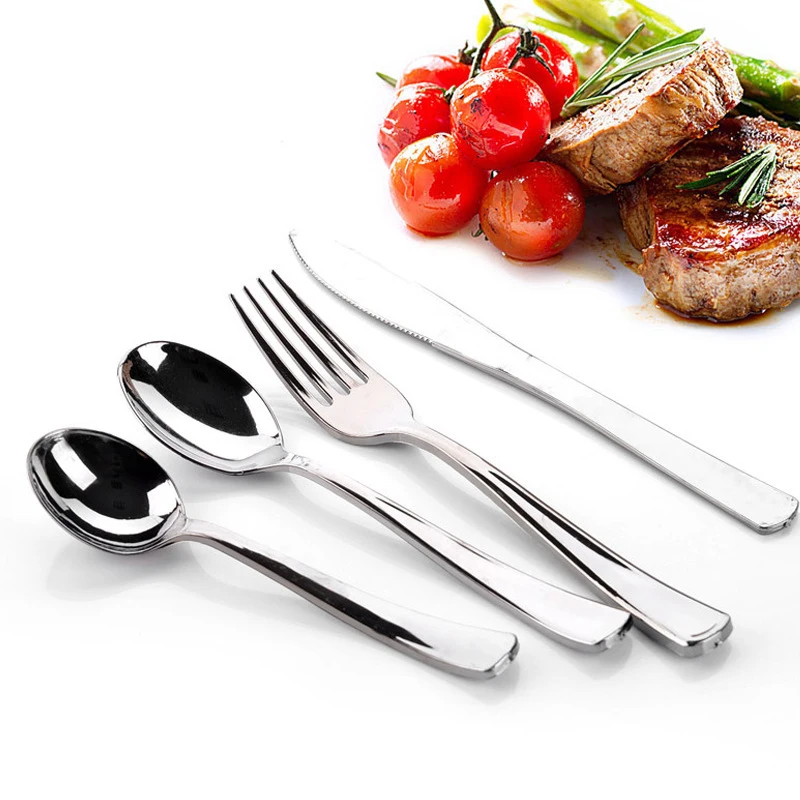 100 шт гальванических серебристого пластика имитация нержавеющей стали нож вилка