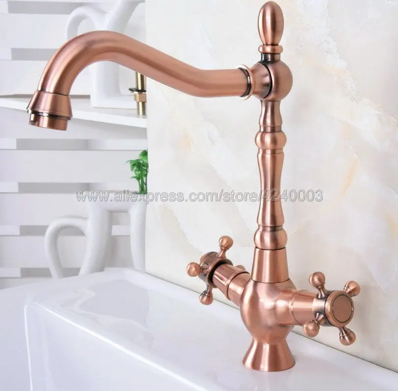 

Antique Red Copper Basin Faucet Bathroom Sink Faucet Double Handle Swivel Spout Kitchen Deck Vessel Mixer Taps Knf617