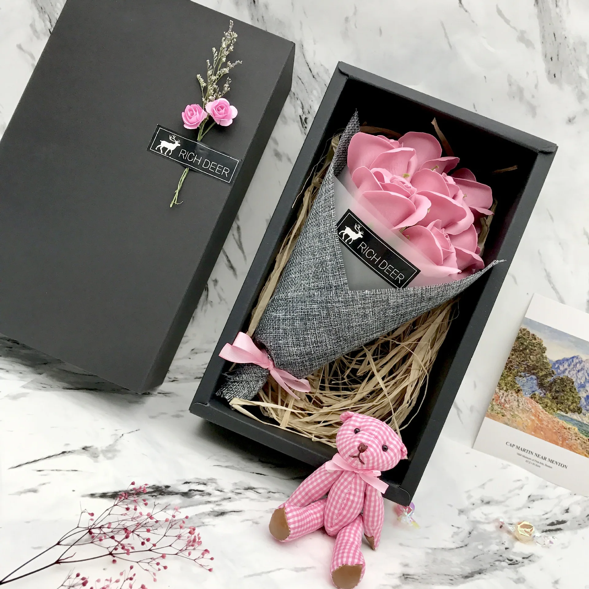 rose pink Набор мыльных цветов ручной работы, упаковка для подарка с медведем, коробка для матери/учительницы, подарок на день рождения, День Святого Валентина, роза/гвоздика, мыло с цветочным ароматом - Цвет: rose pink