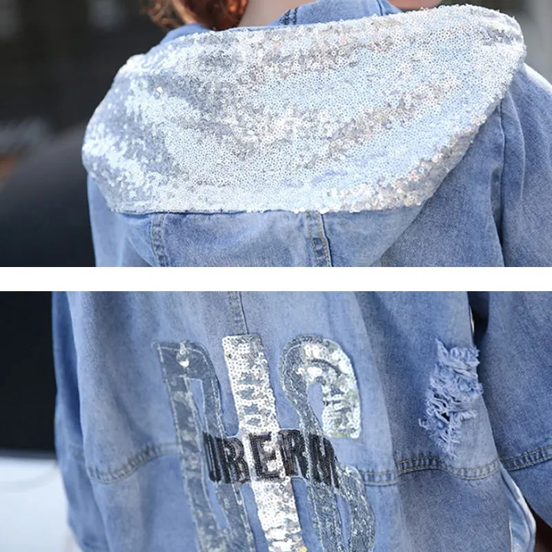 Для женщин короткая джинсовая куртка 2018 осенью новый корейский моды пайетки