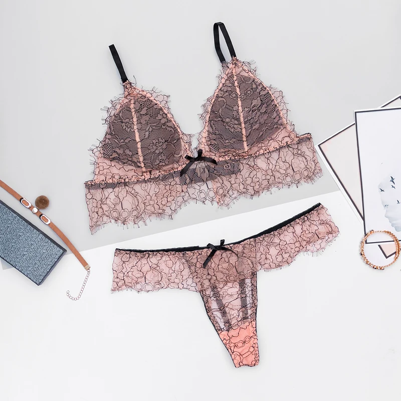 Кружевные стринги нижнее белье кружевное комплект бюстгальтера тонкая чашка