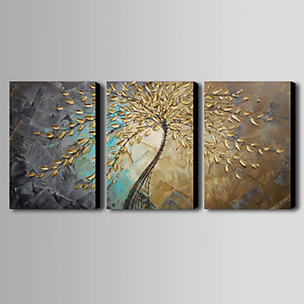 

3 pcs Hand painted thick paint pallet knife Oil Painting golden leaves on canvas Modern Home Decor wall art for living room