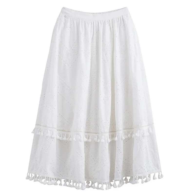 Inman Женская трапециевидная длинная юбка Летняя Открытая вышивка Белая свежая
