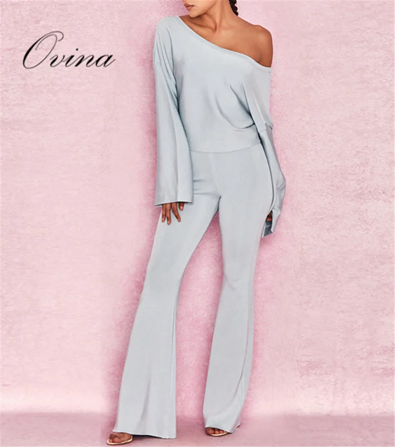 

Fashion Women Sets Slash Neck Long Flare Sleeve Tops Flare Pants Bandage Sets High Quality