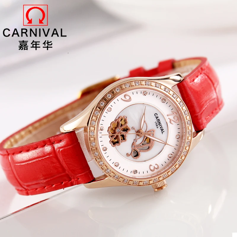 Роскошные брендовые механические часы Carnival женские Стразы с кожаным ремешком