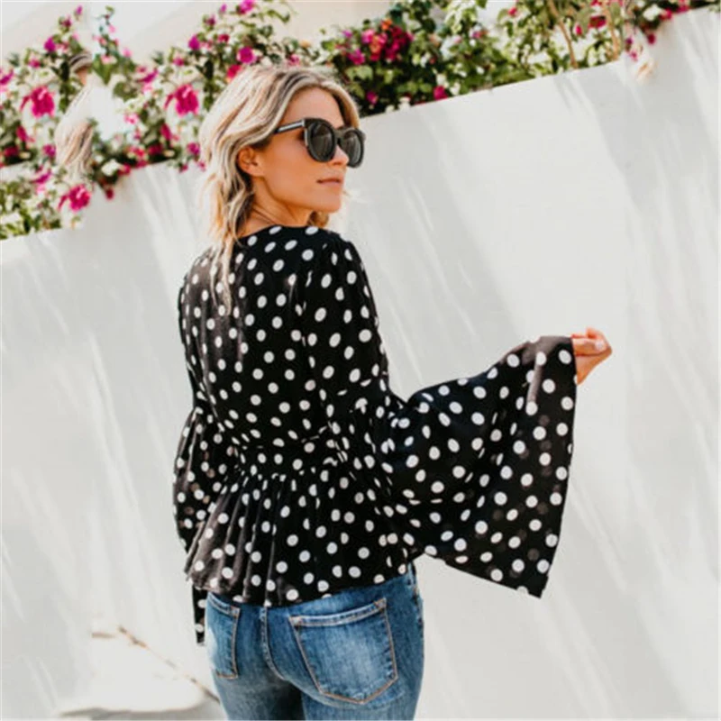 Женская рубашка в горошек сексуальные топы с v-образным вырезом Женский