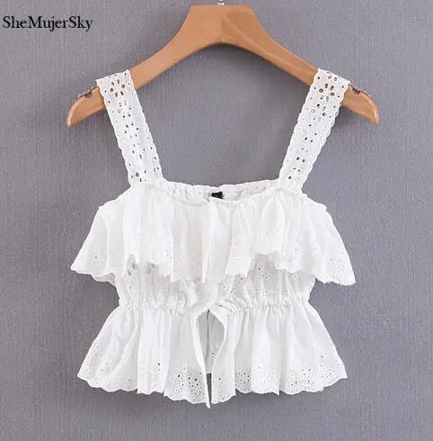 white tops SheMujerSky Белый Кружевной укороченный топ, сексуальный женский топ с оборками, топ с вырезами, укороченный топ, лето - Цвет: white tops