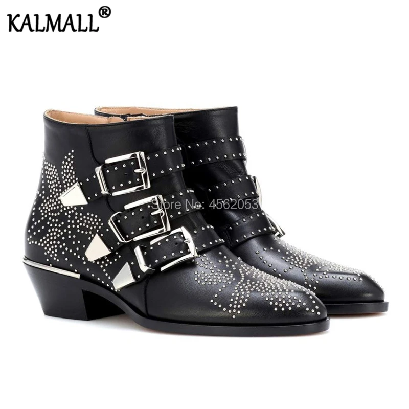 KALMALL/модные Susanna женские сапоги с заклепками, шипами, шипами, в байкерском стиле, Botas, с тремя ремешками, с пряжкой, на Кубинском каблуке