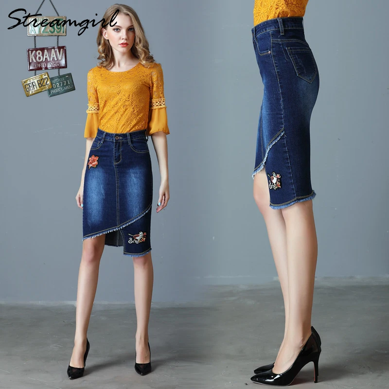 Женская джинсовая юбка карандаш с высокой талией до колена 2019|Женские юбки| |
