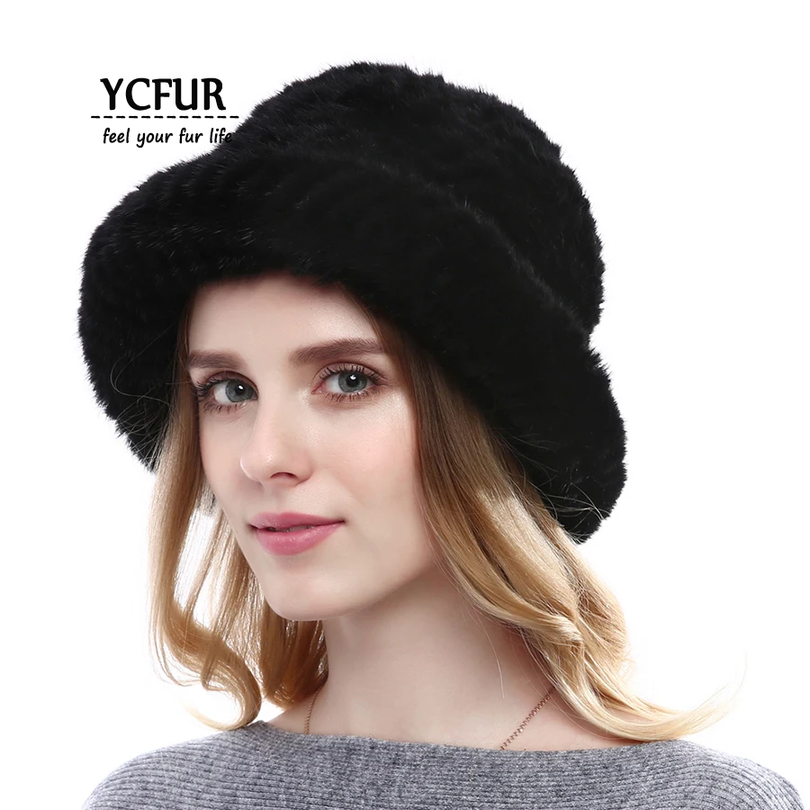 

YCFUR Women Winter Caps Hats Handmade Knit Mink Fur Bucket Hat for Women Warm Hats Skullies Female