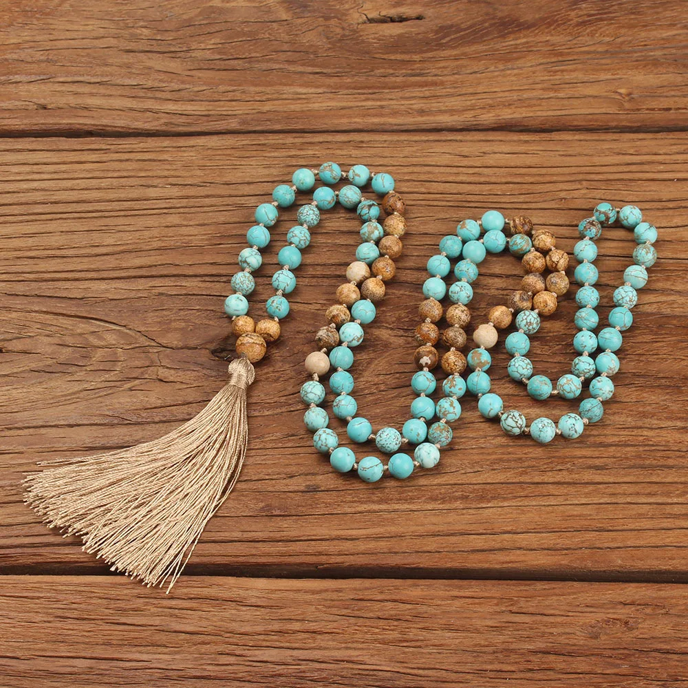 New Design 8mm Picture Stone and Blue-green Pine Beads Hand Knotted 108 Mala Long Necklace Women Tassel Dropship | Украшения и