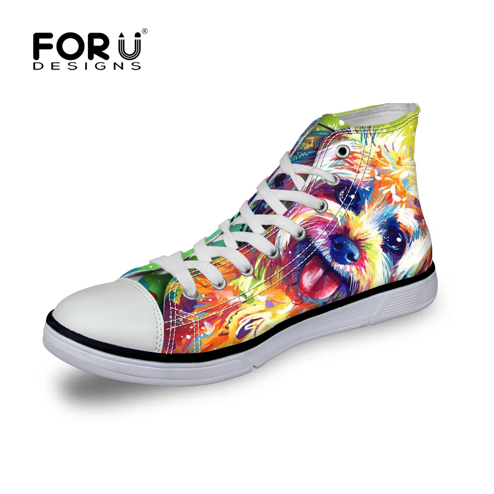 FORUDESIGNS/парусиновая обувь с изображением животных и собак; женская обувь на плоской подошве с высоким берцем; дышащая женская обувь из вулканизированной кожи; кроссовки с круглым носком