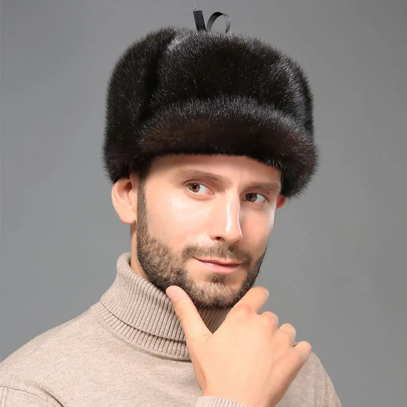 Мужская зимняя утепленная шапка YECHNE в русском стиле из натурального меха норки |