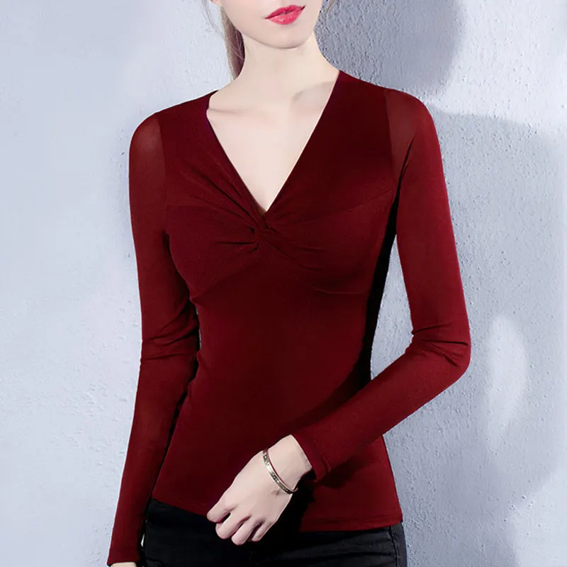 

DHfinery Sexy T-shirt Women spring autumn Solid color full sleeve V-neck low-cut lace Tops Ladies gray and pink t shirt sg26123