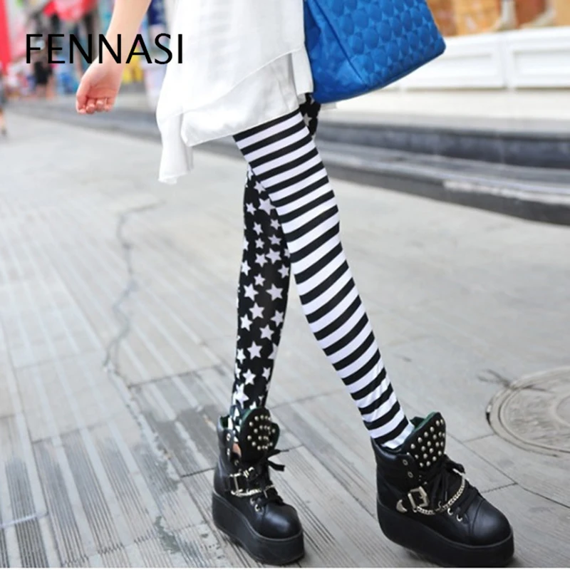 Модные женские леггинсы FENNASI черные лоскутные брюки с полосками и звездами