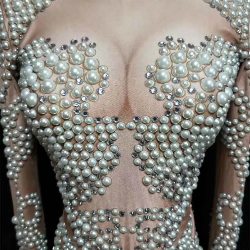 DJ танцевальный костюм Одежда для танцев на шесте платье с жемчугом женские