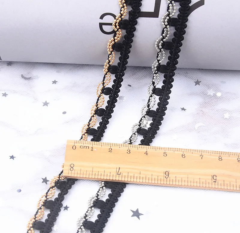 3 ярдов/партия черная тесемка с золотым бисером кружевная тесьма серебристыми