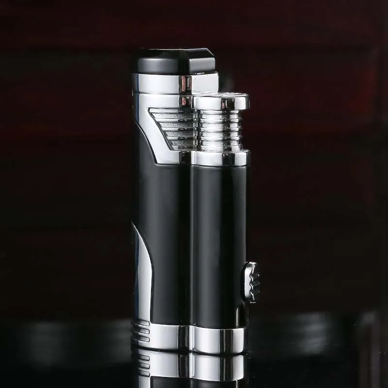 Light black Креативная зажигалка с прикуривателем двойная прямая синяя газовая зажигалка с пламенем ветрозащищенная реактивная Бутановая Зажигалка аксессуары для сигар - Цвет: Light black