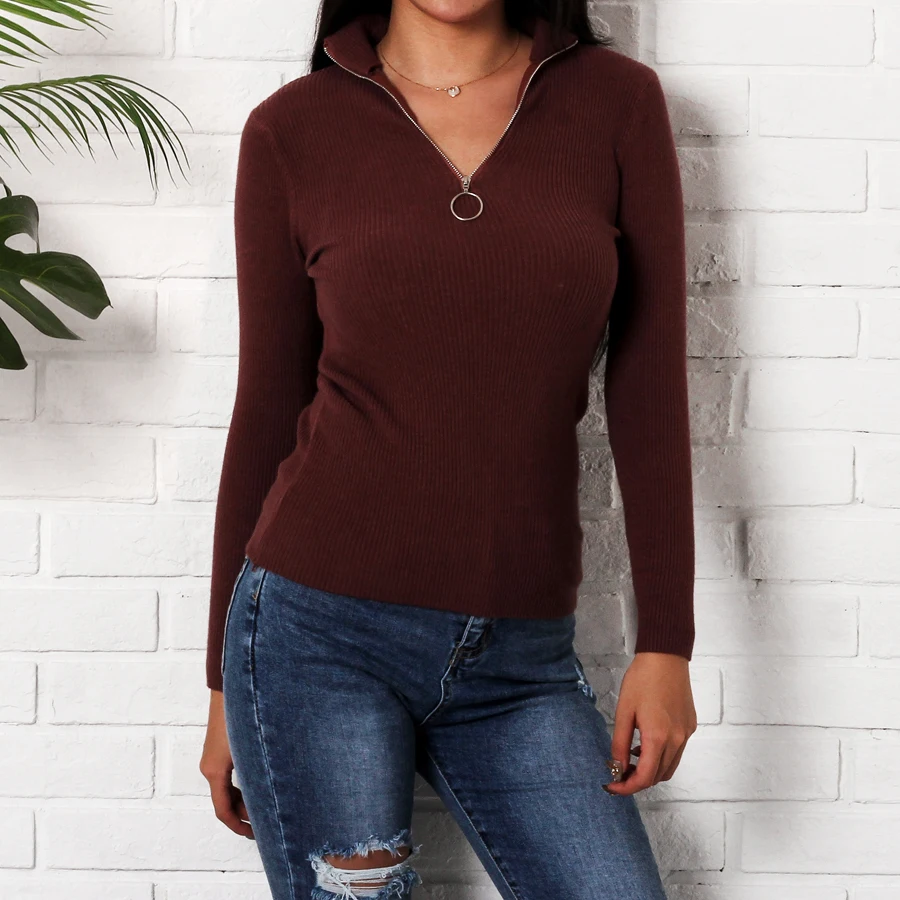 Casual Autumn Winter Sweaters Fashion 2018 Women V Neck Slim Jumpers Knitted Sweater Ladies Pullover Zipper Sueter Mujer | Женская