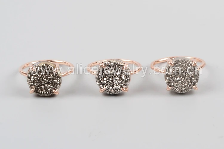 Кольцо с камнем BOROSA Druzy, 12 мм, Круглый, розовое золото, цвет, коготь, титан, AB, серебристый, черный, кристалл, камень, натуральный, Druzy, кольцо, драгоценные камни ZG0131