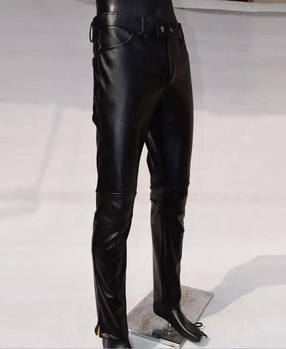 spring and autumn slim male leather pants mens leather trousers tight pant motorcycle feet pants fashion zipper black