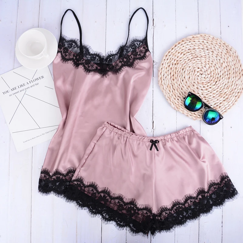Sleep Pajama Set Sexy Satin Sleepwear Women Summer Pyjama Femme Fashion Pajamas for Women with Lace Chest new