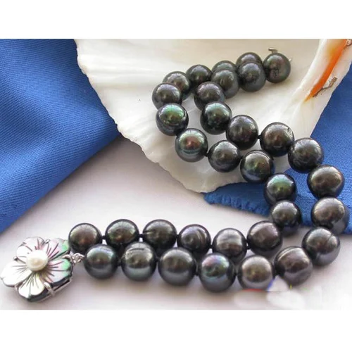 

Unique Pearls jewellery Store 2rows 10-12mm Black Round Freshwater Cultured Pearl Bracelet Shell Flower Clasp 20cm FN1040