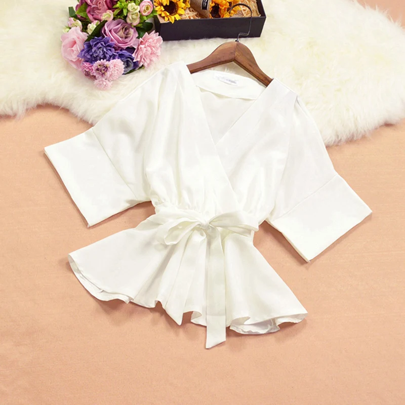 Женская блузка с баской белая шифоновая глубоким v образным вырезом кимоно