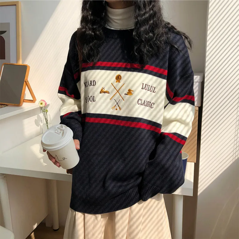 Woherb женский корейский Harajuku полосатый свитер женский пуловер Kawaii Ulzzang вышивка джемпер одежда для женщин 22873